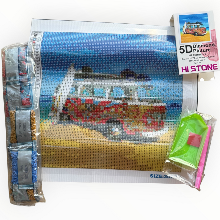 Kit de Pintura con Diamantes 5D - Diamond Paint - Van Surfista - 30 x 40 cm