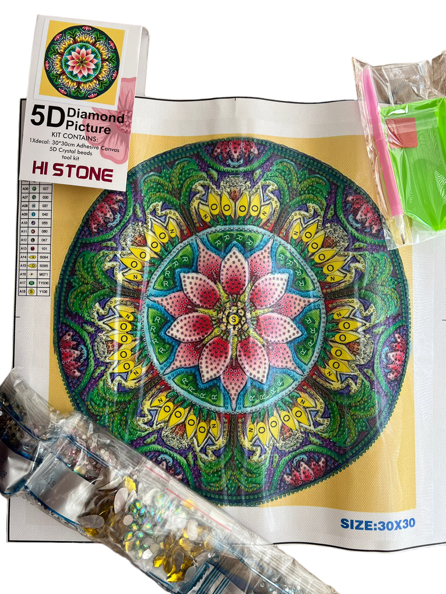 Kit de Pintura con Diamantes 5D - Diamond Paint - Mandala Flor de Loto - 30 x 30 cms
