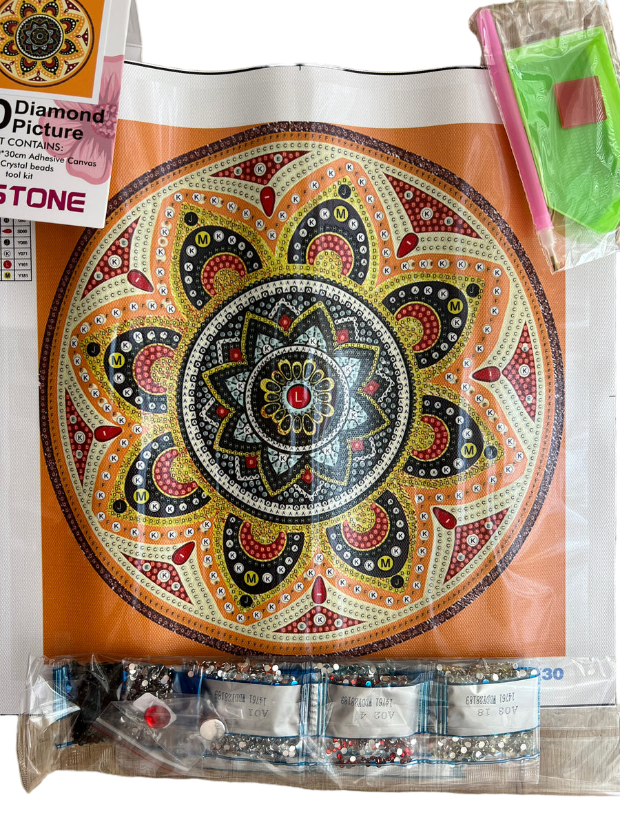 Kit de Pintura con Diamantes 5D - Diamond Paint - Mandala Naranja - 30 x 30 cms