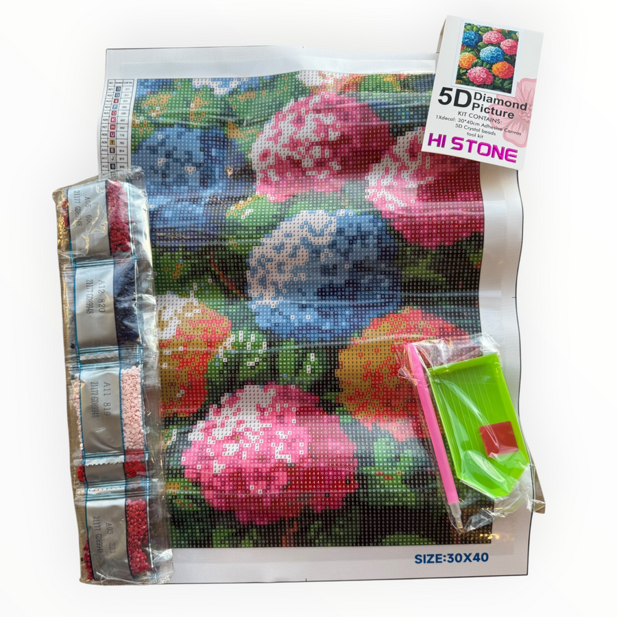 Kit de Pintura con Diamantes 5D - Diamond Paint - Hortensias - 30 x 40 cm