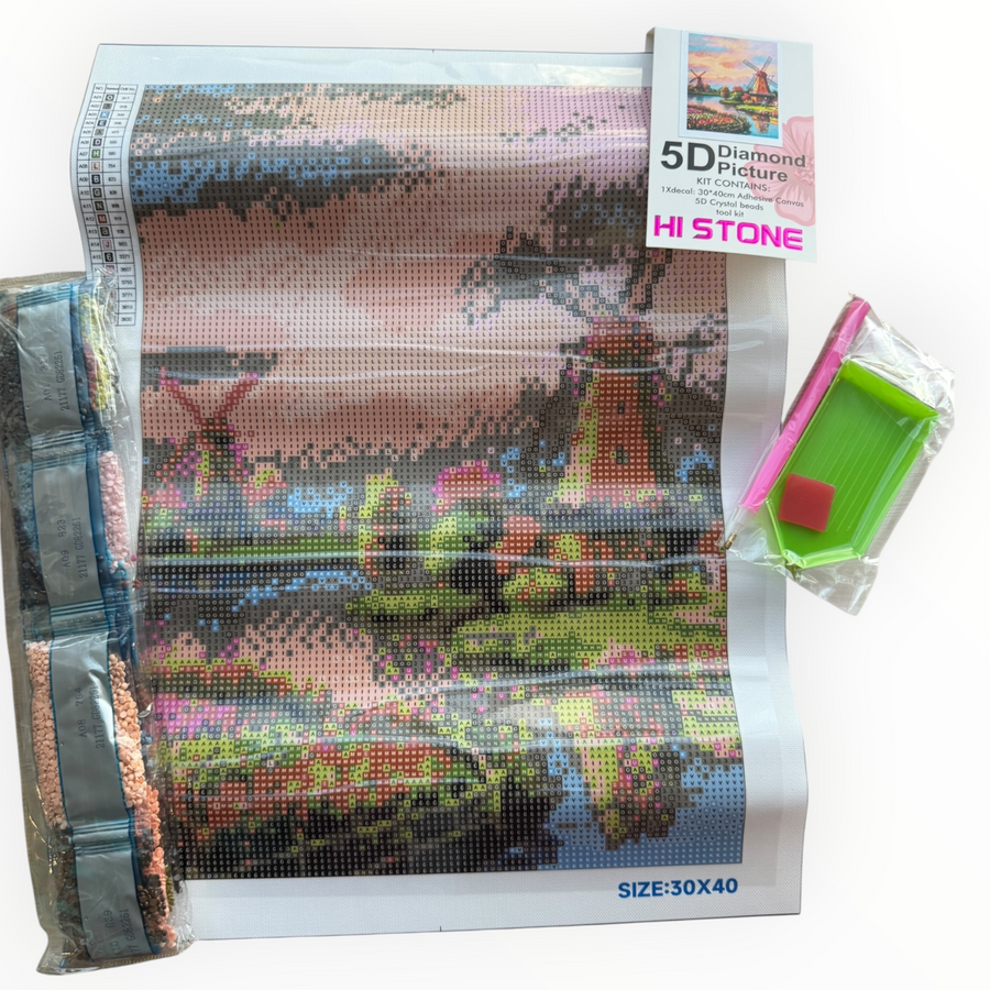 Kit de Pintura con Diamantes 5D - Diamond Paint - Molinos - 30 x 40 cm