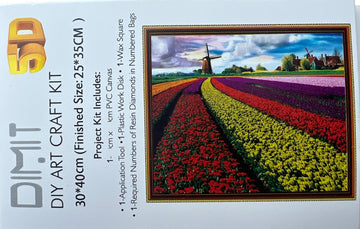 Kit de Pintura con Diamantes 5D - Diamond Paint - Molinos y Tulipanes - 30 x 40 cms