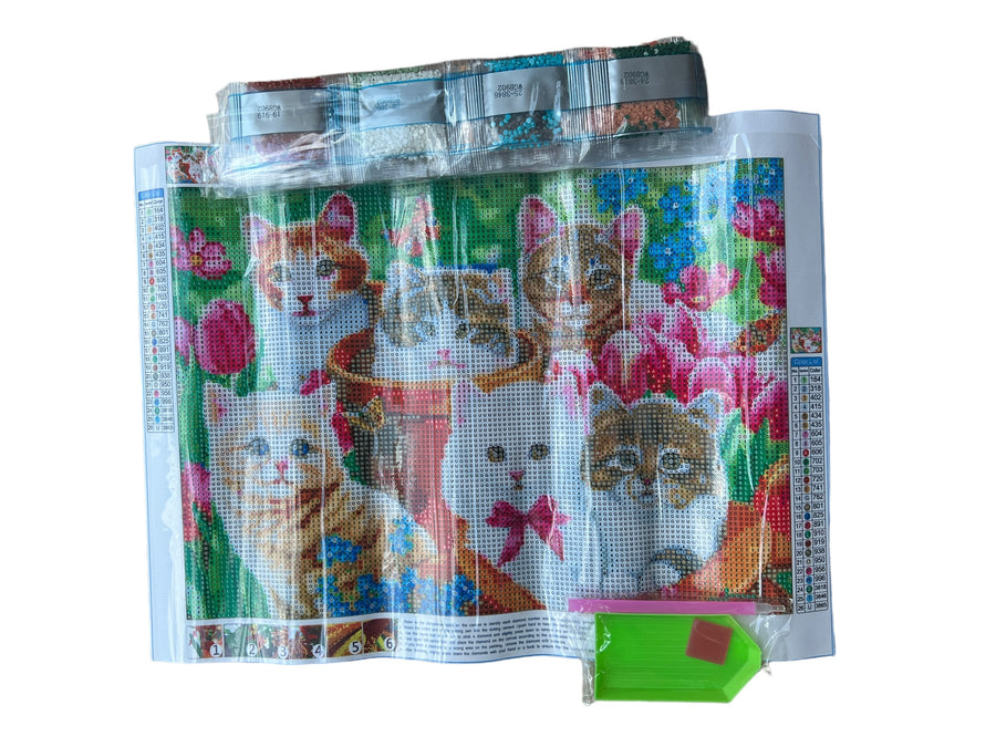 Kit de Pintura con Diamantes 5D - Diamond Paint - Gatos con Flores - 30 x 40 cms