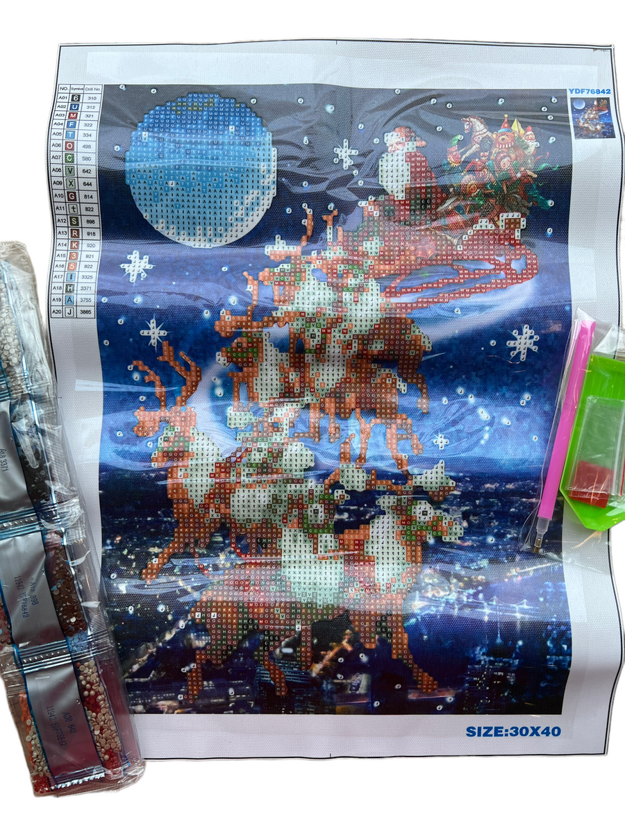 Kit de Pintura con Diamantes 5D - Diamond Paint - Papa Noel Trineo con Renos - 30 x 40 cms
